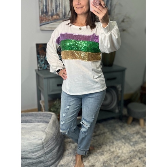 Mardi Gras Sequined Color Block French Terry Purple Green Gold Ivory 1123 - Picture 5 of 11